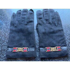 Vtg Men's Luxury Navy Blue Leather Gloves With Metal Embellishment Made In Italy